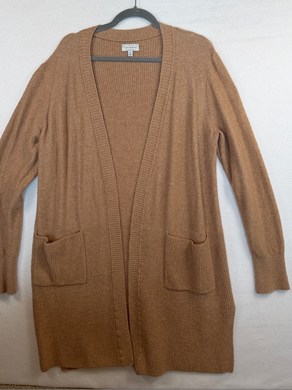 Lucky Brand Camel Open-Front Pocket Cardigan